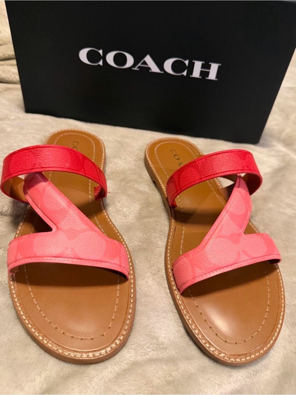 Coach Two-Tone Pink & Red Leather Slide Sandals